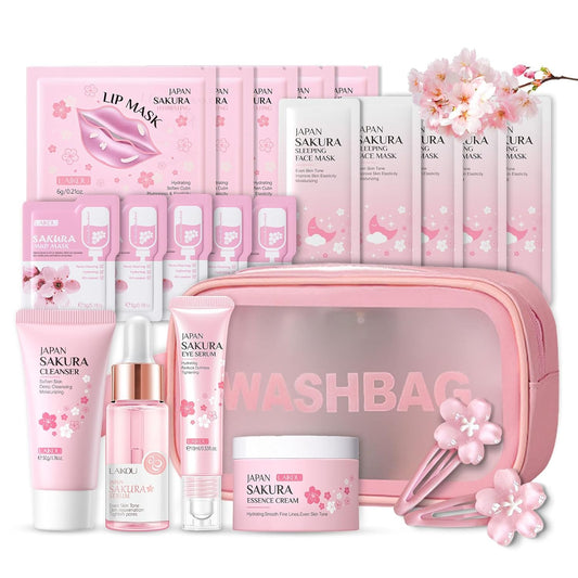 Sakura Beauty Geschenksets, Skincare Set mit Kosmetiktasche, Serum, Gesichtscreme, Reiniger, Lippenmaske， Haarnadel, Geschenk Teenager Mädchen, Gesichtspflege Set Damen, 9-tlg
