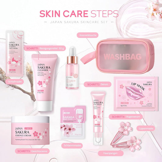 Sakura Beauty Geschenksets, Skincare Set mit Kosmetiktasche, Serum, Gesichtscreme, Reiniger, Lippenmaske， Haarnadel, Geschenk Teenager Mädchen, Gesichtspflege Set Damen, 9-tlg
